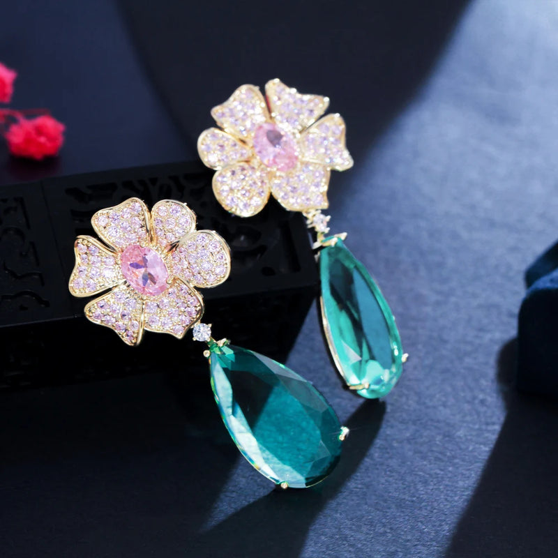 Pink CZ Dangle Drop Long Flower Earrings for Women Wedding CZ935
