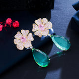 Pink CZ Dangle Drop Long Flower Earrings for Women Wedding CZ935