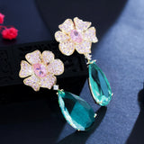Pink CZ Dangle Drop Long Flower Earrings for Women Wedding CZ935