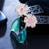 Pink CZ Dangle Drop Long Flower Earrings for Women Wedding CZ935