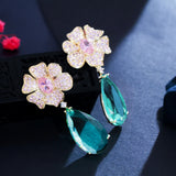 Pink CZ Dangle Drop Long Flower Earrings for Women Wedding CZ935