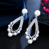 CZ Big Long Dangle Pearl Wedding Earrings for Women