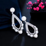 CZ Big Long Dangle Pearl Wedding Earrings for Women