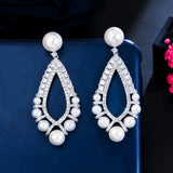 CZ Big Long Dangle Pearl Wedding Earrings for Women