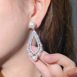 CZ Big Long Dangle Pearl Wedding Earrings for Women