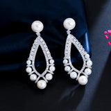 CZ Big Long Dangle Pearl Wedding Earrings for Women