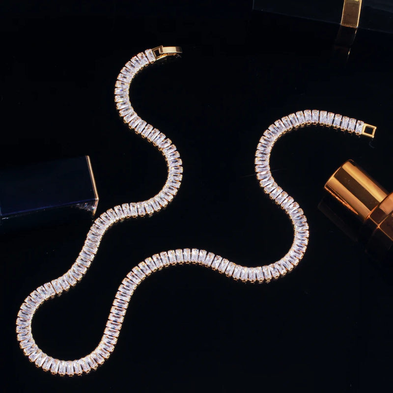 CZ Baguette Tennis Chain Choker Necklace for Women Costume Jewelry