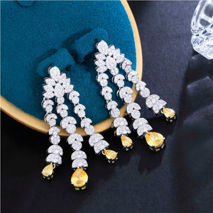 Yellow Zirconia Chandelier Fringed Wedding Earrings