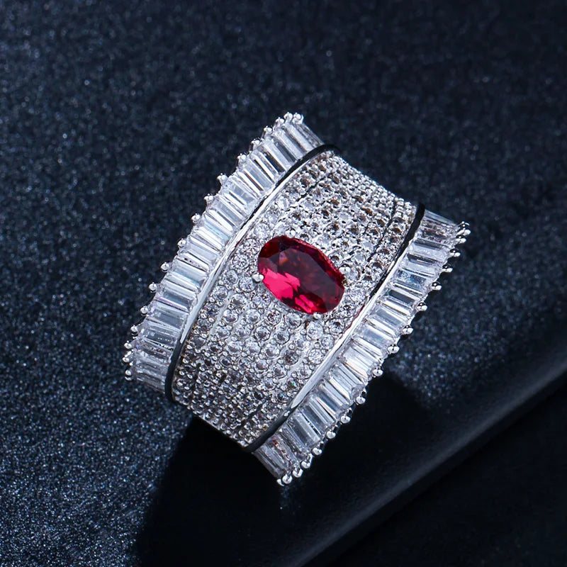 Red CZ Big Crown Wedding Band Ring for Women