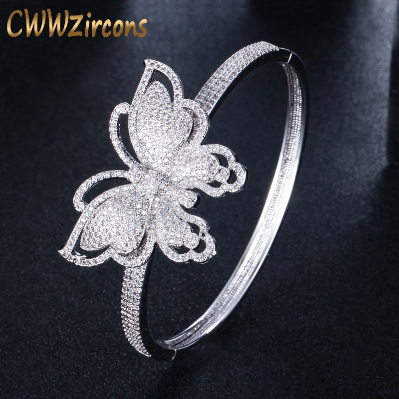 CWWZircons Geometric Butterfly Shape Wide Silver Bangle