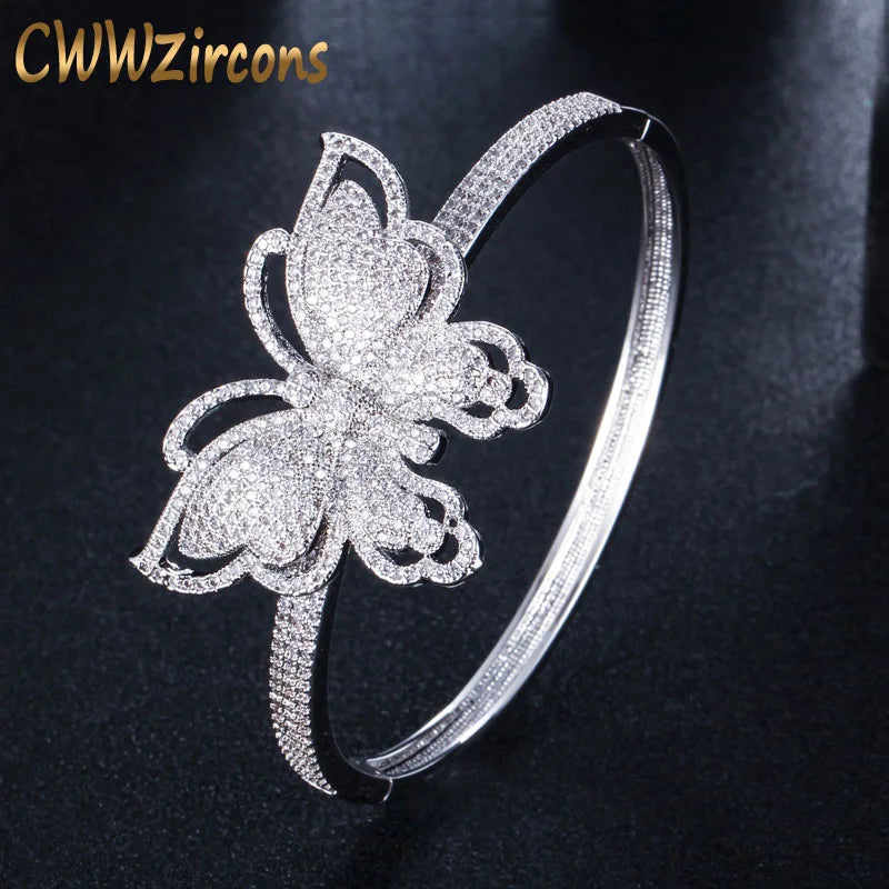 CWWZircons Geometric Butterfly Shape Wide Silver Bangle