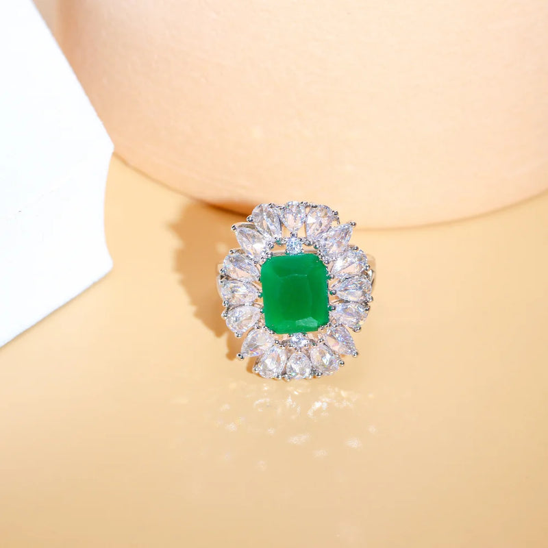 Square Green Cubic Zircon Crystal Silver Plated Adjustable Open Ring