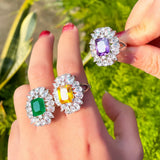 Square Green Cubic Zircon Crystal Silver Plated Adjustable Open Ring