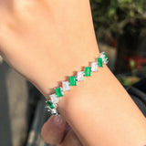 CZ Green Rectangle Zirconia Silver Tennis Bracelet for Women