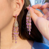 Purple CZ Tassel Drop Earrings for Women