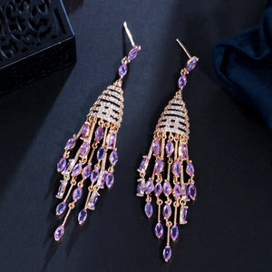 Purple CZ Tassel Drop Earrings for Women
