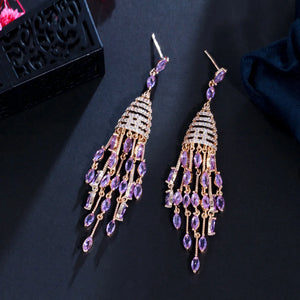 Purple CZ Tassel Drop Earrings for Women
