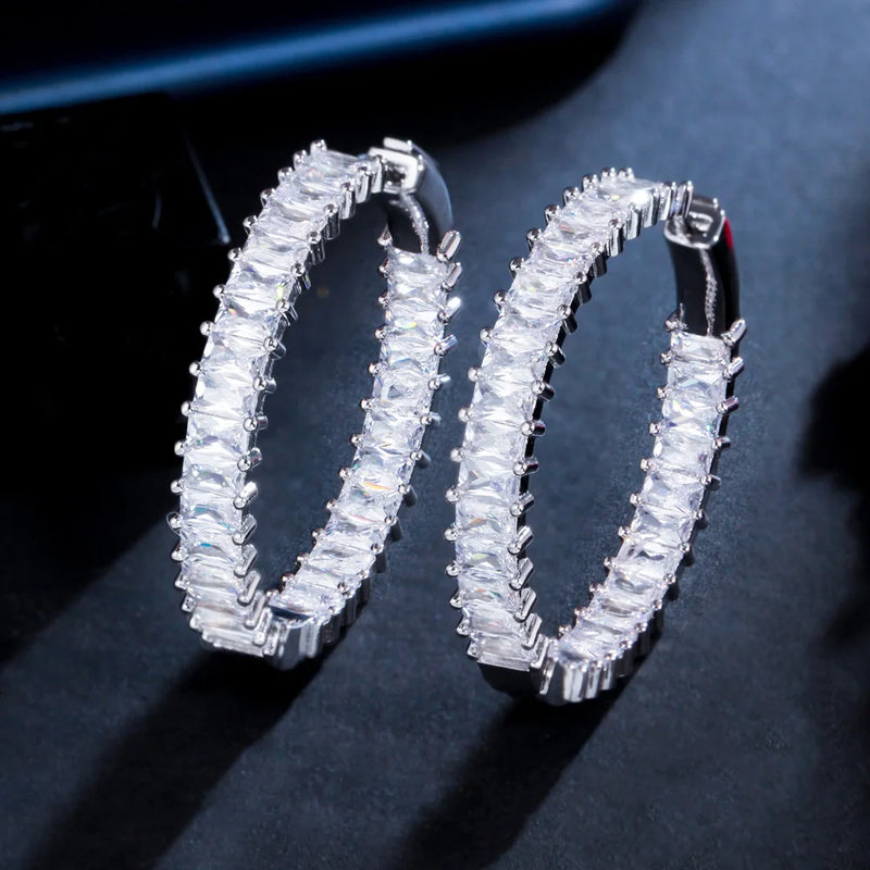 CZ Baguette Bamboo CZ Hoop Earrings for Women CZ Statement Jewelry