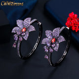 Purple CZ Flower Charm Hoop Earrings for Women