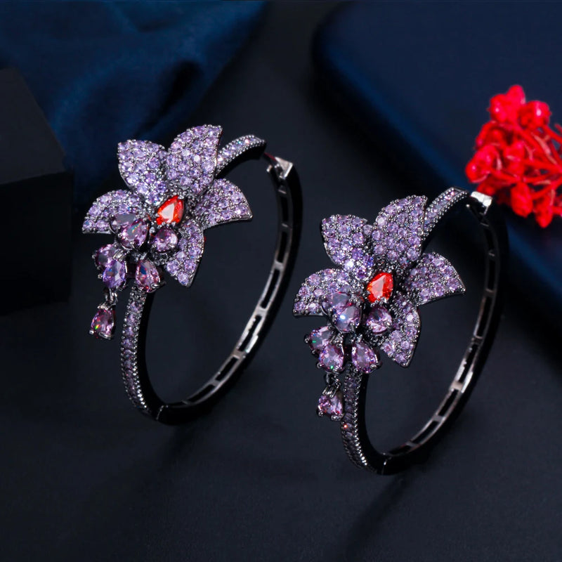 Purple CZ Flower Charm Hoop Earrings for Women
