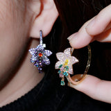 Purple CZ Flower Charm Hoop Earrings for Women
