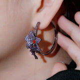 Purple CZ Flower Charm Hoop Earrings for Women