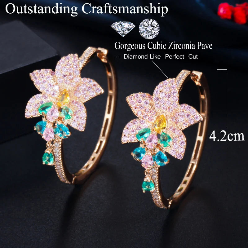 CWWZircons Big Tassel Flower Charm Round Hoop Earrings CZ718