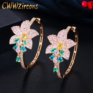 CWWZircons Big Tassel Flower Charm Round Hoop Earrings CZ718