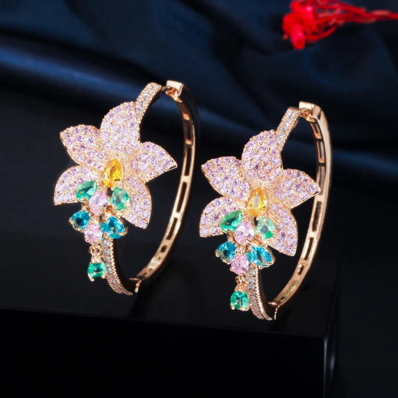 CWWZircons Big Tassel Flower Charm Round Hoop Earrings CZ718