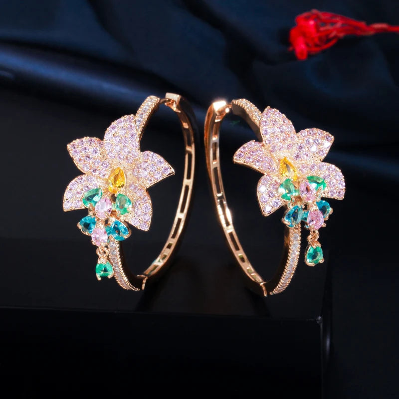 CWWZircons Big Tassel Flower Charm Round Hoop Earrings CZ718