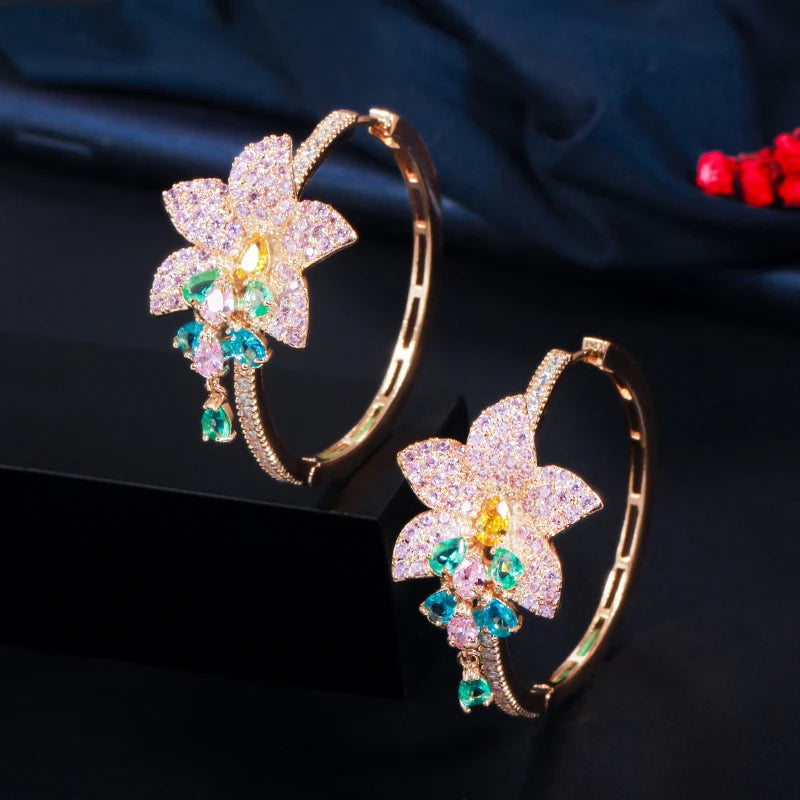 CWWZircons Big Tassel Flower Charm Round Hoop Earrings CZ718