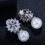 CZ Crystal Flower Pearl Earrings Clip On CZ408