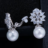 CZ Crystal Flower Pearl Earrings Clip On CZ408
