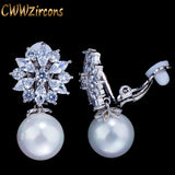 CZ Crystal Flower Pearl Earrings Clip On CZ408