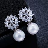 CZ Crystal Flower Pearl Earrings Clip On CZ408