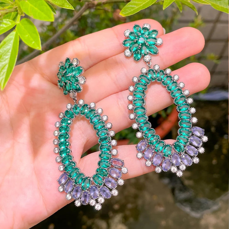 Green CZ Crystal Big Earrings for Women Statement Engagement Wedding Jewelry