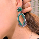 Green CZ Crystal Big Earrings for Women Statement Engagement Wedding Jewelry