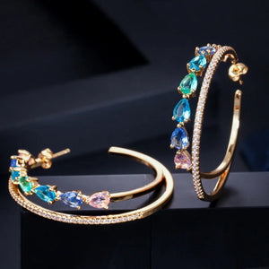 CWWZircons Double Circle Rainbow CZ Crystal Hoop Earrings for Women CZ562
