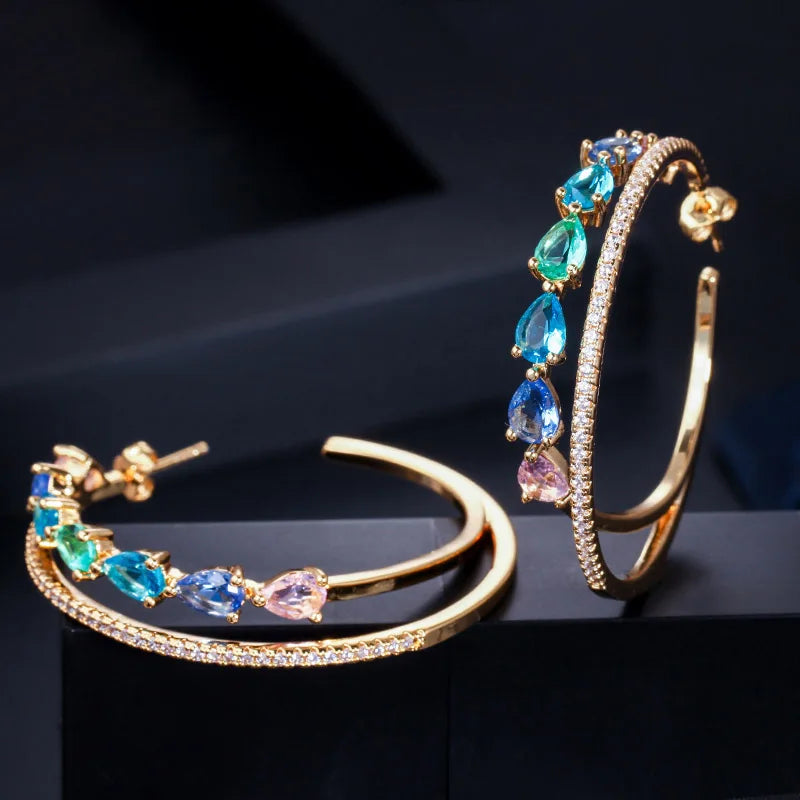 CWWZircons Double Circle Rainbow CZ Crystal Hoop Earrings for Women CZ562