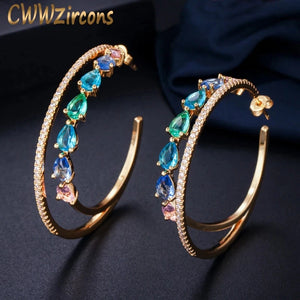 CWWZircons Double Circle Rainbow CZ Crystal Hoop Earrings for Women CZ562