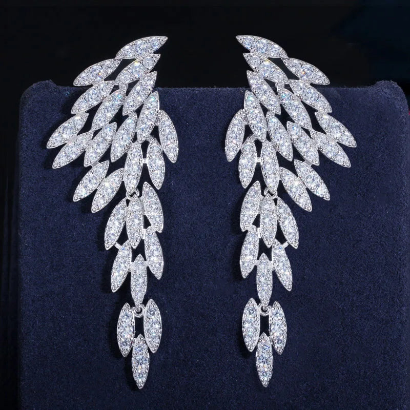 CWWZircons CZ Long Dangle Feather Wing Earrings