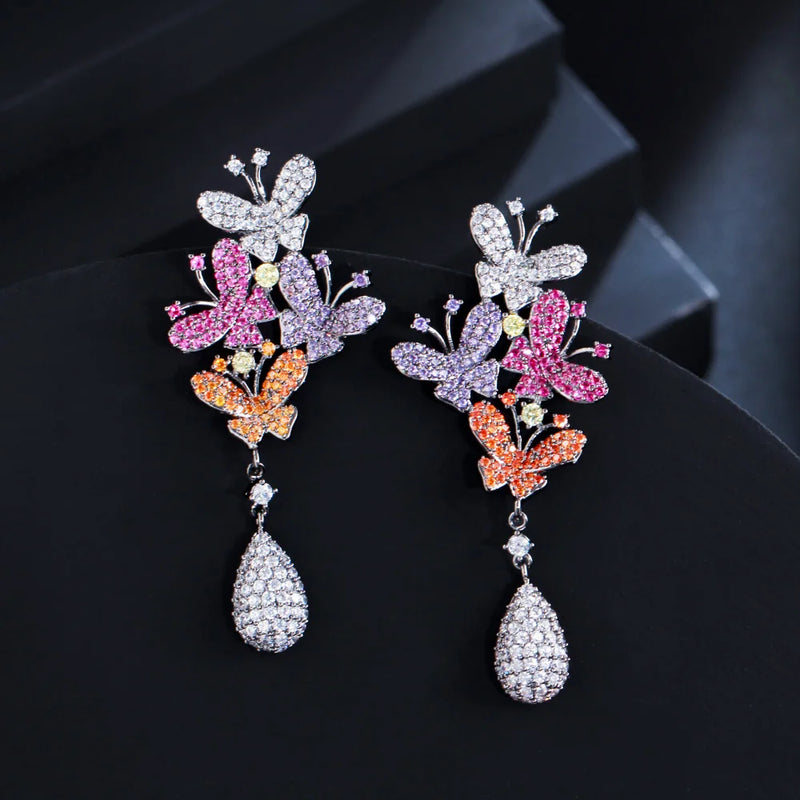CWWZircons Purple Red Butterfly Drop Earrings CZ970