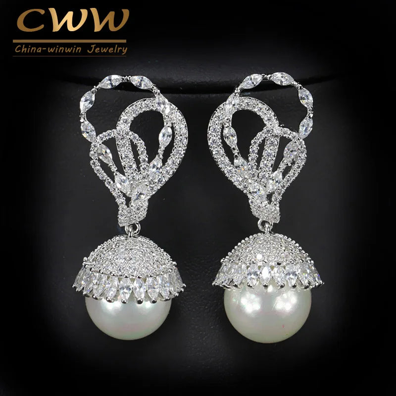 CZ Stone Paved Pearl Drop Earrings for Women CZ360