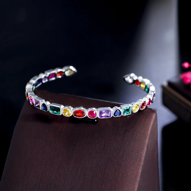 Multicolor Rainbow CZ Open Cuff Bangle Boho Jewelry