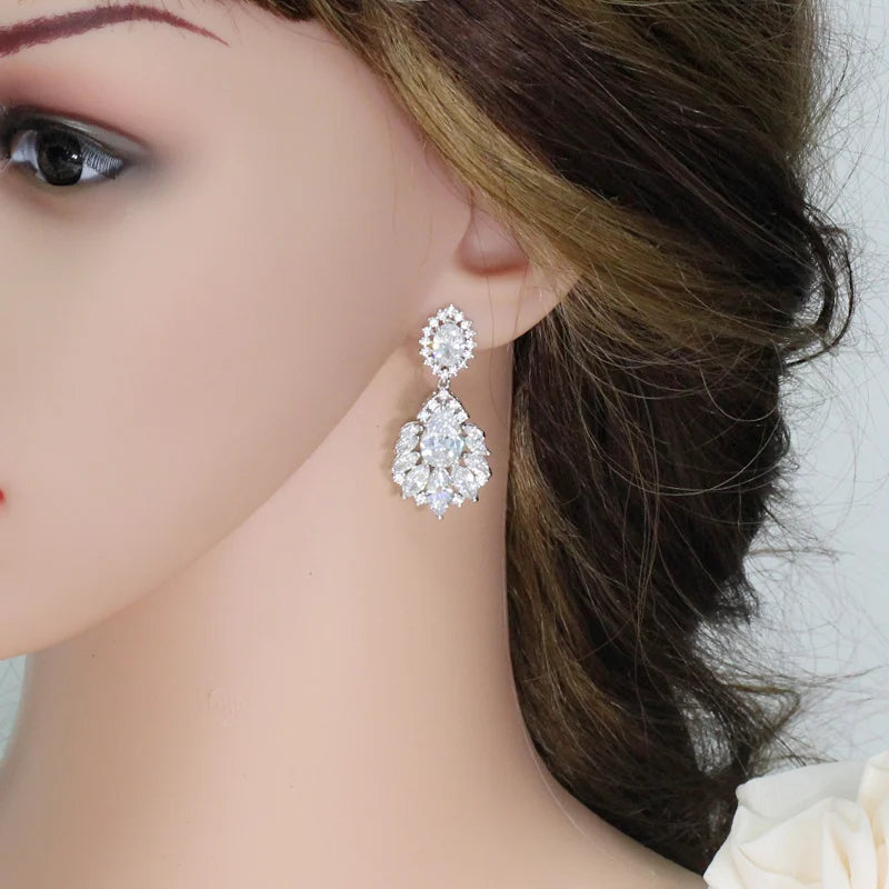 CWWZircons Silver Dangle CZ Zirconia Clip On Earrings for Women