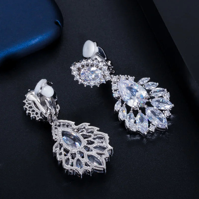 CWWZircons Silver Dangle CZ Zirconia Clip On Earrings for Women