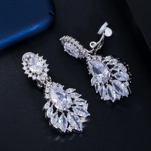 CWWZircons Silver Dangle CZ Zirconia Clip On Earrings for Women