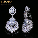 CWWZircons Silver Dangle CZ Zirconia Clip On Earrings for Women