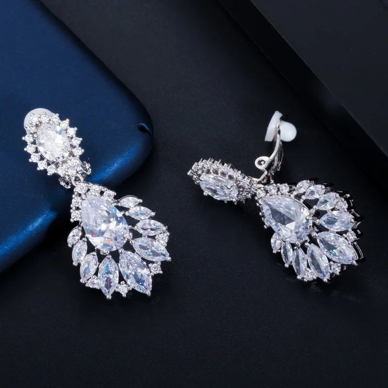 CWWZircons Silver Dangle CZ Zirconia Clip On Earrings for Women