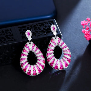 CWWZircons Heavy Stone Work Fuchsia Red CZ Dangle Drop Wedding Earrings